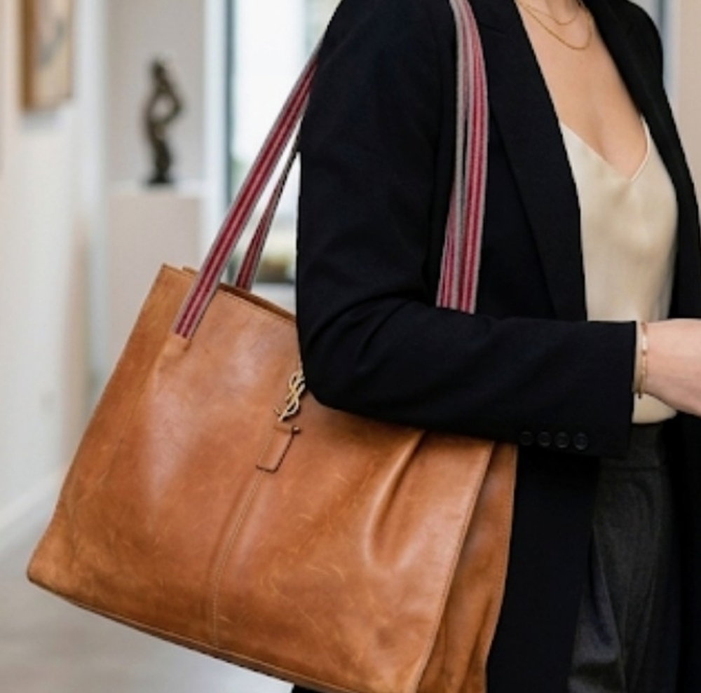 DESIGNER Brown Leather Tote with Red Accents